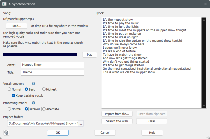 AI Karaoke Video Creator synchronization window with soundtrack, lyrics, vocal remover, and timing options