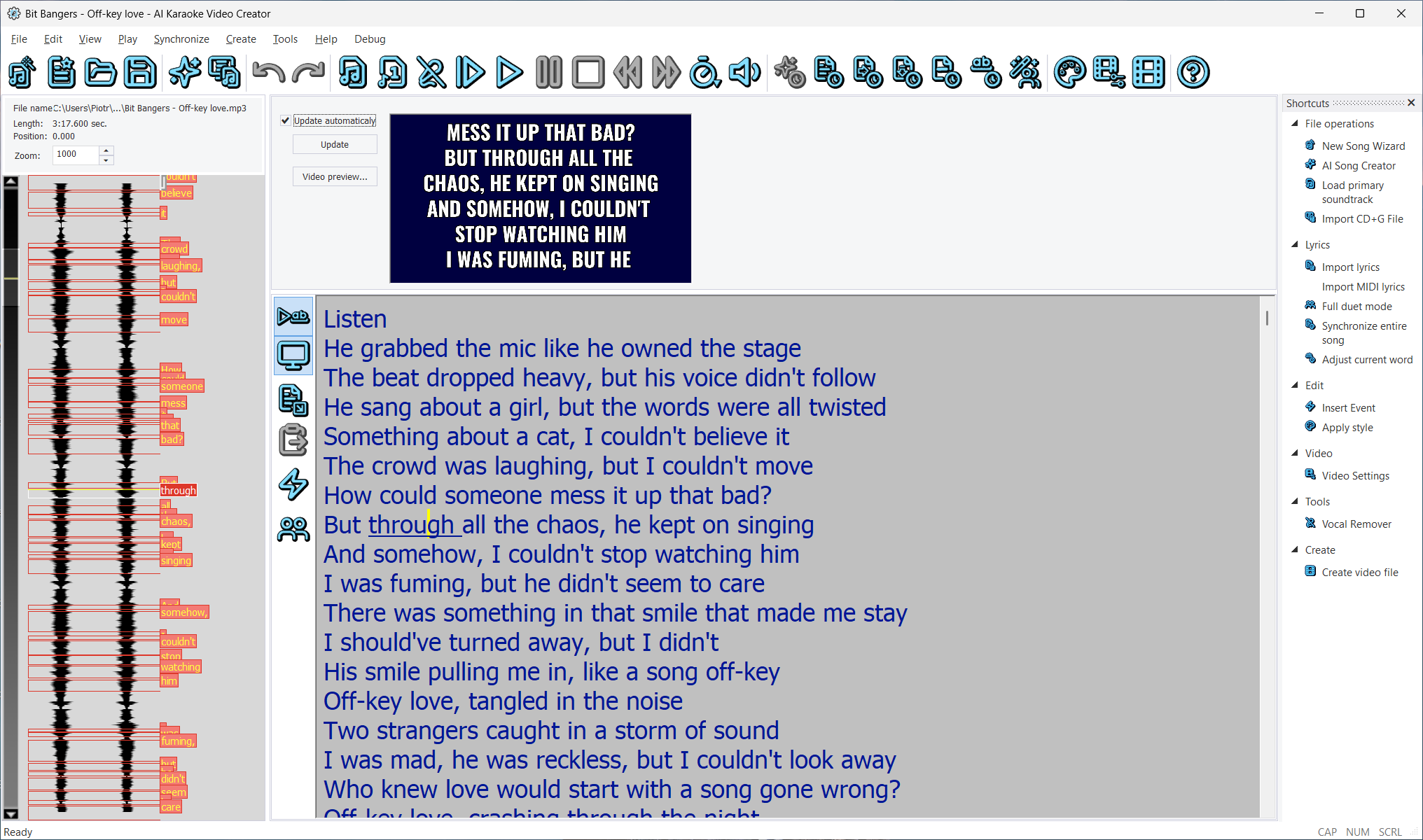 Karaoke video timing editor with soundtrack labels, synchronized lyrics, audio tracks, and video preview