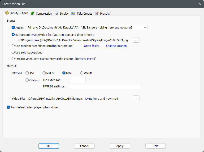 Create Video File window with audio track, background, resolution, frame rate, and MP4 export settings